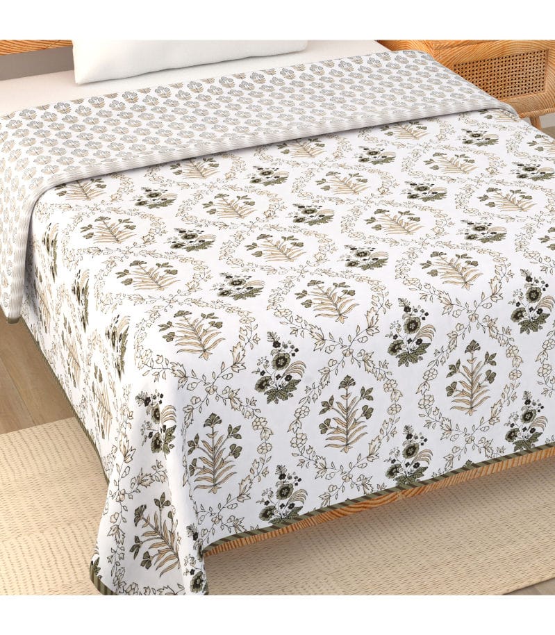 Block Print 400 TC Pure Premium MulMul Cotton Single Bed Dohar-Nebulous Blue & Green