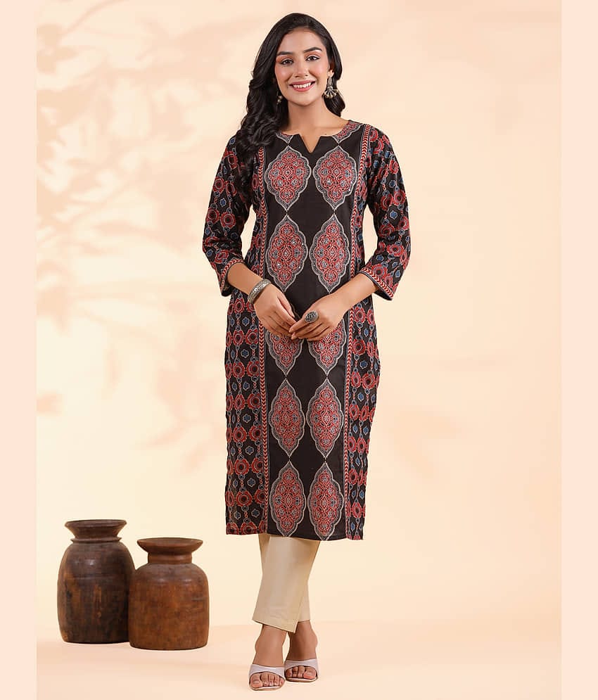 Vbuyz Cotton Printed Straight Women's Kurti - Black ( Pack of 1 )