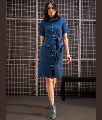 StyleStone Women Denim Solid Shirt Dress ( Blue )