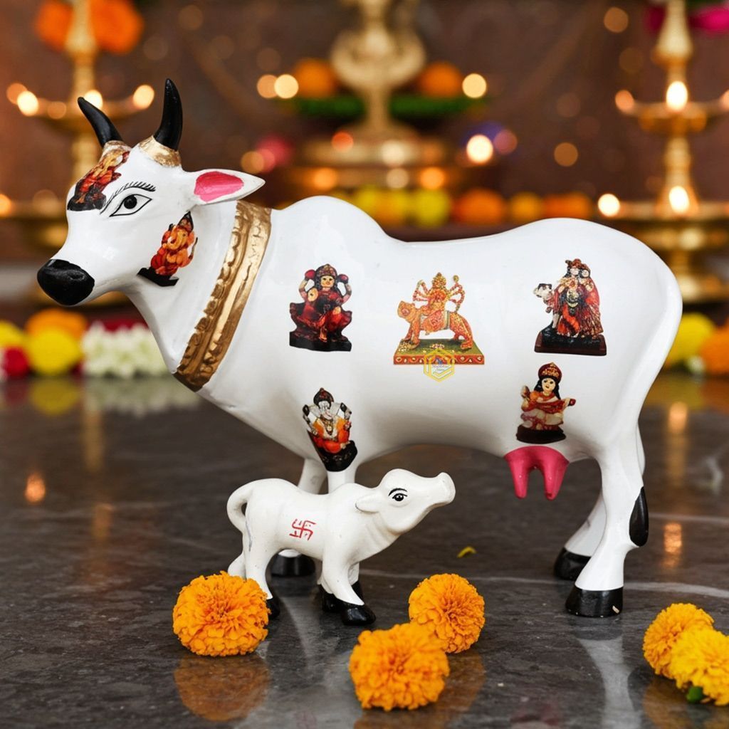 Aluminium Cow & Calf in White � Elegant Home Statue, Height : 11 Inch (ASMAS252 D)