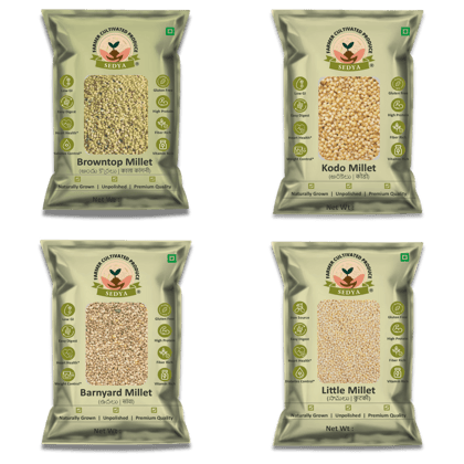 Sedya Four Millet Combo Whole Grains | Browntop Millet 500 g, Barnyard Millet 500 g, Kodo Millet 500 g & Little Millet 500 g (4 Packs) | Certified Low GI | Andu Korralu, Oodalu, Arikelu, Samai | Gluten Free | High Plant Protein & Fiber | Total 2 Kg