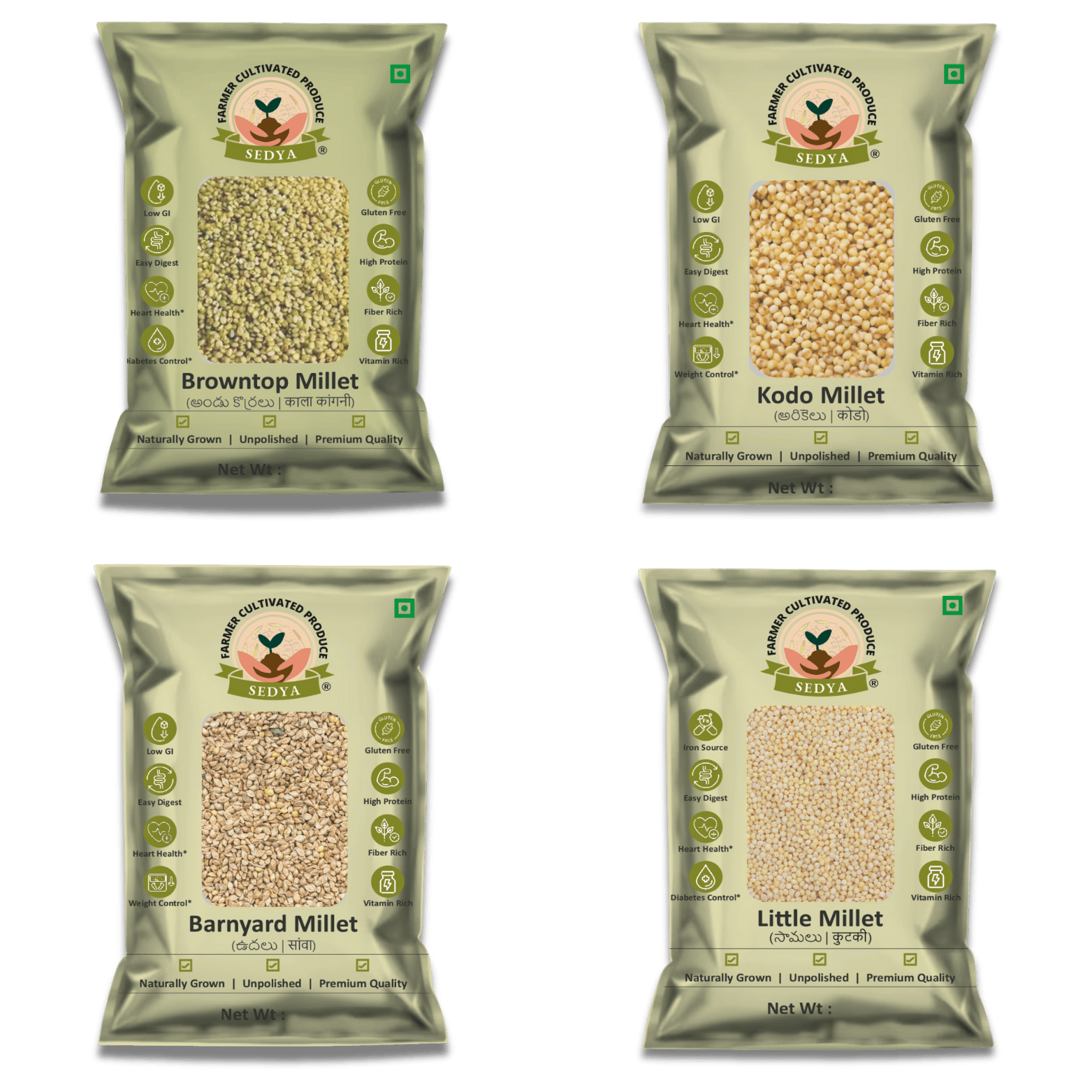 Sedya Four Millet Combo Whole Grains | Browntop Millet 500 g, Barnyard Millet 500 g, Kodo Millet 500 g & Little Millet 500 g (4 Packs) | Certified Low GI | Andu Korralu, Oodalu, Arikelu, Samai | Gluten Free | High Plant Protein & Fiber | Total 2 Kg