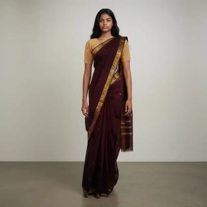 Handwoven Kanchipuram Cotton Saree in Brownish Red with Golden Border Handwoven Kanchipuram Cotton Saree in Brownish Red with Golden Border