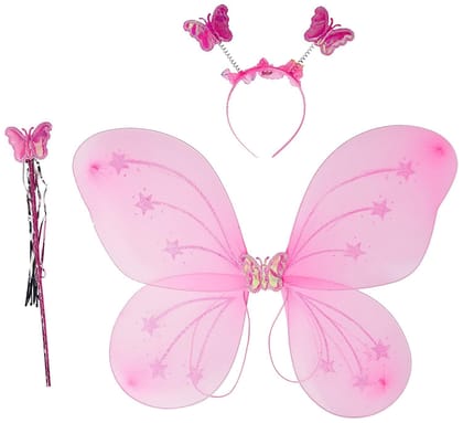 Butterfly Wings Magic Wand and Hairband Fairy Costume Set, Size - 35/35 cm, Pink