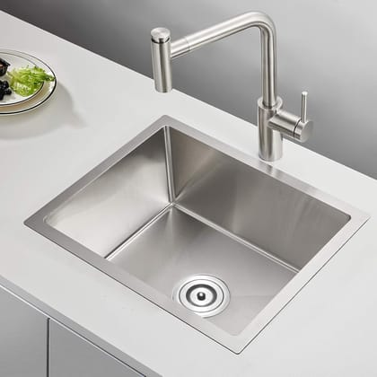 Hyenas Handmade 24 x18 x 10 inches Single Bowl With Side Tap Hole Kitchen Sink | Premium Stainless Steel with Brushed Matte Finish Including Strainer-Basket/Sink Coupling/Waste Pipe (Silver)