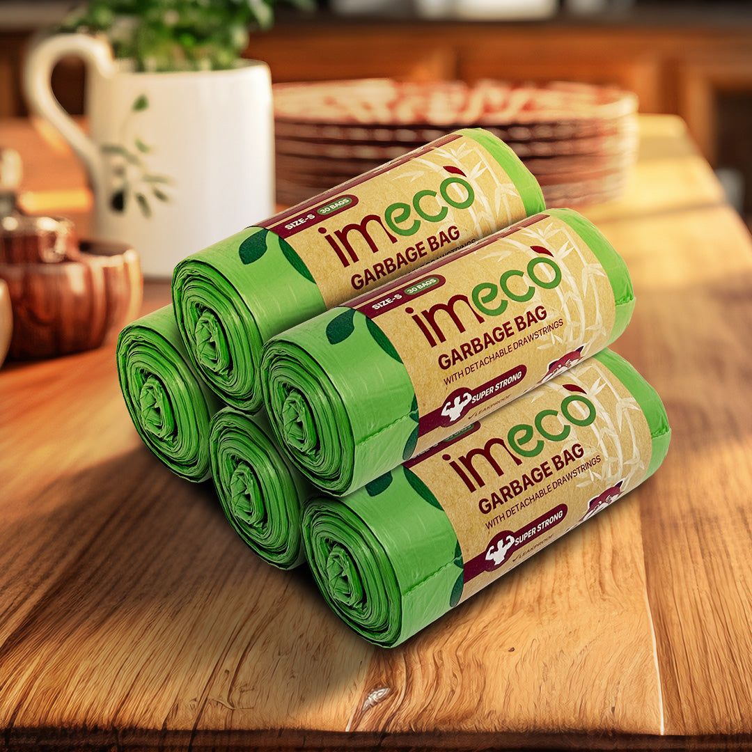 Imeco Leakproof Biodegradable Garbage Bags with Drawstring (Small, 30 Sheets, Pack of 5) | Eco-Friendly & Tear-Resistant Waste Management