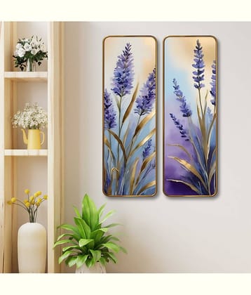 SAF Lavender Floral Set of 2 Vertical MDF Wall Panels | Premium Sparkle Lamination Finish | Elegant Purple Flower Art Wall Décor for Living Room & Bedroom