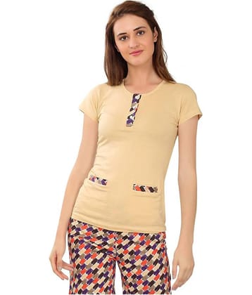 Zebu Women Cotton Solid Regular Fit Round Neck T-Shirt ( Beige )