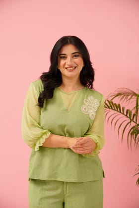 Ethereal Serenity: Pastel Green Co-ord Set with Chiffon Sleeves Ethereal Serenity: Pastel Green Co-ord Set with Chiffon Sleeves