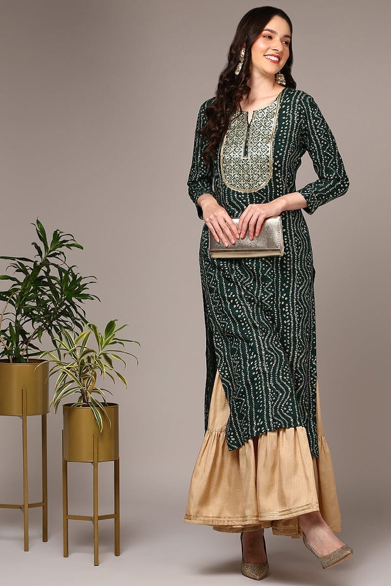 Plus Size Green Viscose Rayon Bandhani Printed Straight Kurta VCK9474