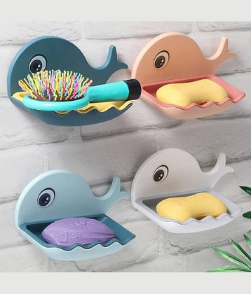 BLUE HOME AND KITCHEN Fish Shape Plastic Soap Holder Self Adhesive Wall Mounted (Pack of 4)