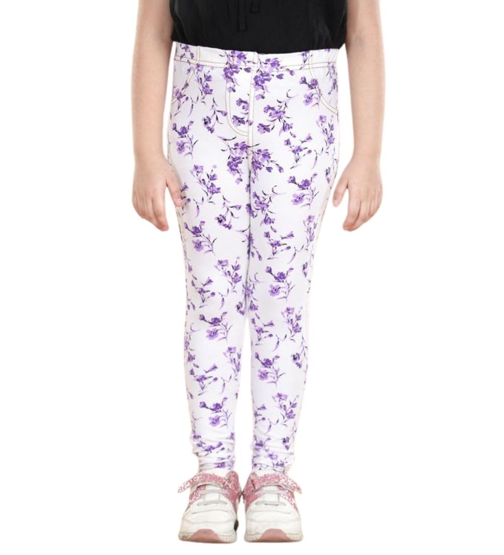 Girl's Cotton Blended Floral Elasticated Jeggings (White-Lavender, 7-8-Yrs)-PID66077