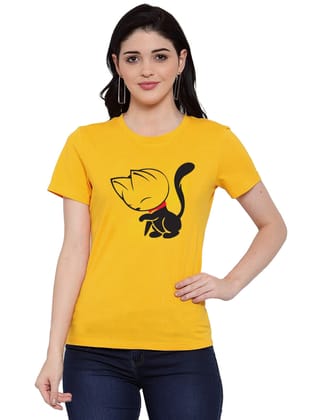 Women's Cotton Blend Cat Printed T-Shirt S (Yellow)