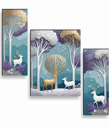 SAF Golden Deer Forest Wall Art – 3 Panel Luxury Tree & Animal Painting in Purple-Teal Tones for Bedroom & Nature-Themed Home Décor 12 Inch x 20 Inch