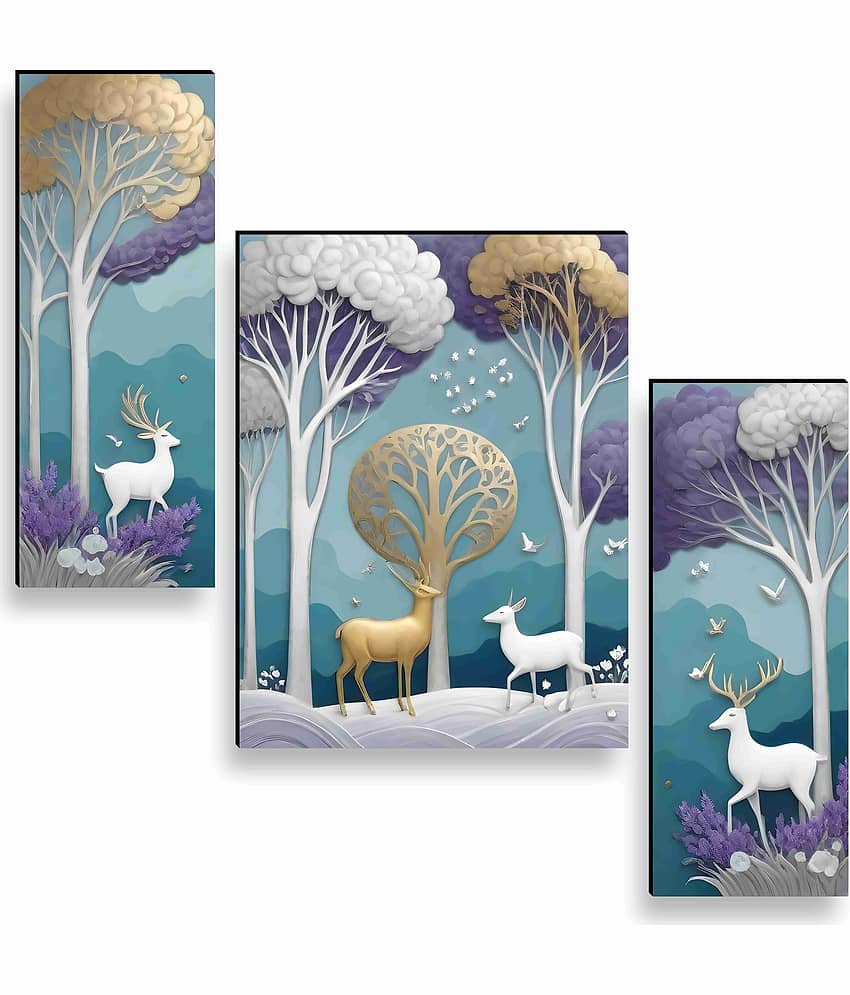 SAF Golden Deer Forest Wall Art – 3 Panel Luxury Tree & Animal Painting in Purple-Teal Tones for Bedroom & Nature-Themed Home Décor 12 Inch x 20 Inch
