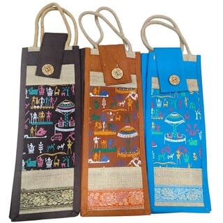 Blue Brown Orange Premium Jute Bottle Bag For Boys Girls (Pack of 3)