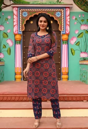 Navy Blue Cotton Premium And Elegant Kurti With Pant For Women