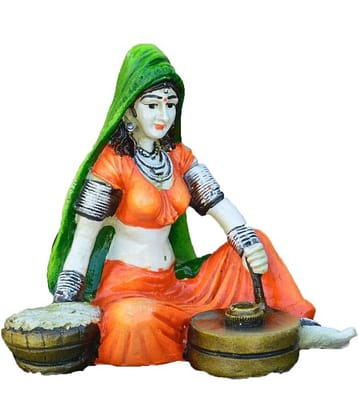 eCraftIndia Orange & Green Handcrafted Polyresin Rajasthani Lady Showpiece