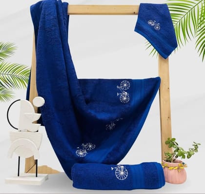 Mrijaa Luxury Bamboo Bath Towel Set, Navy Blue, 600 GSM, Majestic Bloom, 3 Pieces Set (Bath Towel-70x150 cm, Hand Towel-40x60 cm, Face Towel-30x30 cm)