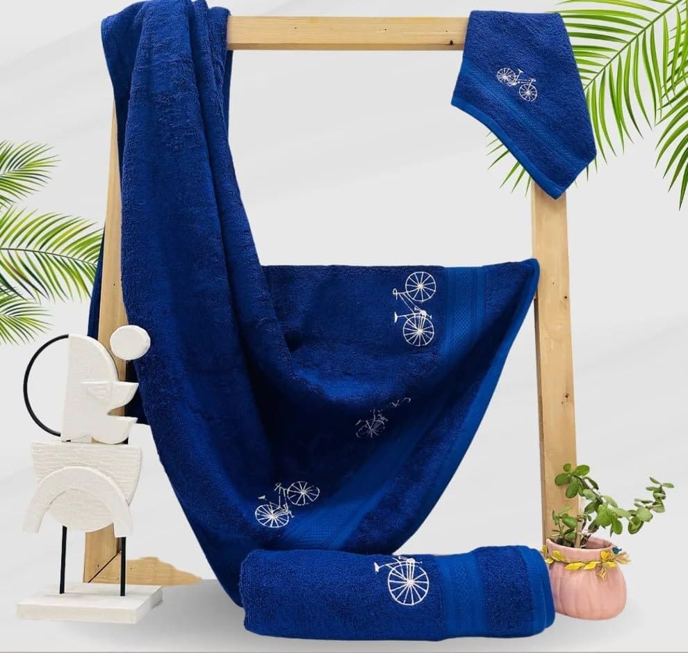 Mrijaa Luxury Bamboo Bath Towel Set, Navy Blue, 600 GSM, Majestic Bloom, 3 Pieces Set (Bath Towel-70x150 cm, Hand Towel-40x60 cm, Face Towel-30x30 cm)