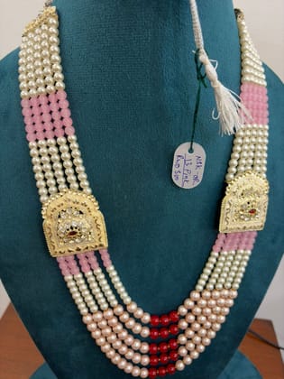 premium pastel pink and off-white moti haar groom sherwani necklace with royal gold panels