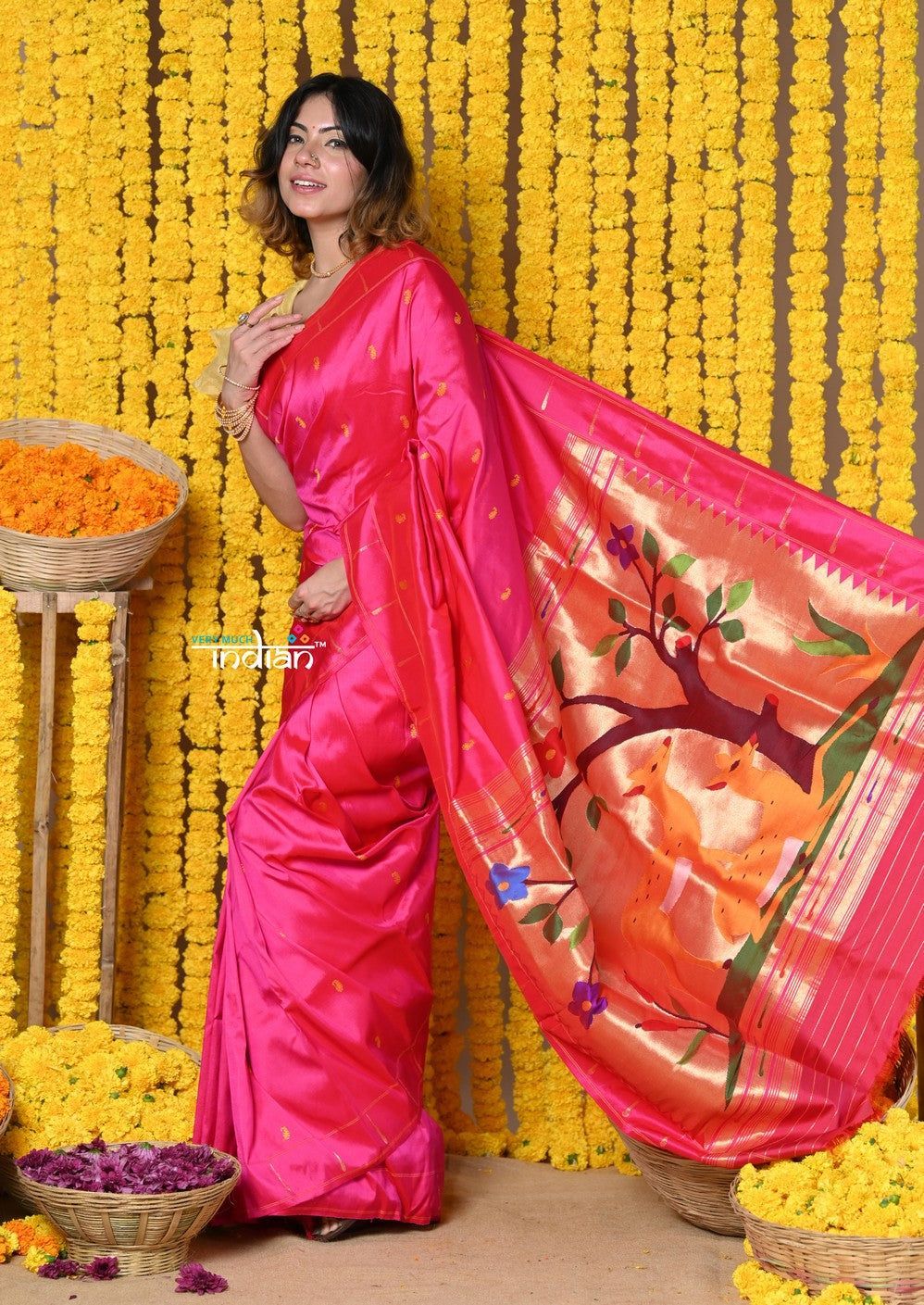 Rajsi~ Handloom Pure Silk Pink Muniya Border Paithani Saree WIth Handcrafted Deer Pallu in Pink Shade