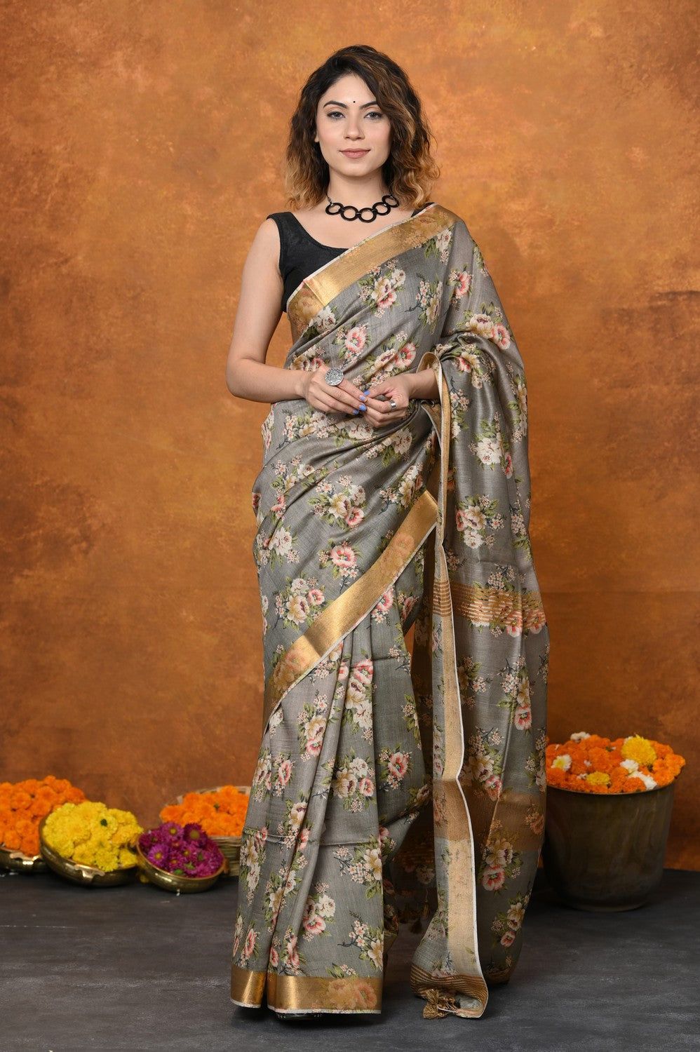 Designed By VMI~ Handloom Moonga Tussar Silk Saree With Digital Floral Print~ Grey