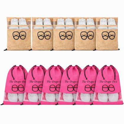 The Drape Desi Transparent Shoe Bag for Travel & Storage | Shoe Cover Pouch for Men & Women | 3 Rose Pink & 3 Brown Bag Pack of 6 pcs