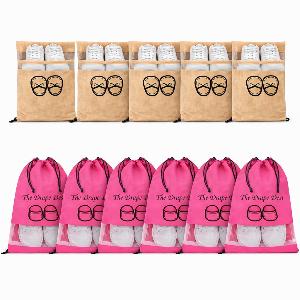 The Drape Desi Transparent Shoe Bag for Travel & Storage | Shoe Cover Pouch for Men & Women | 3 Rose Pink & 3 Brown Bag Pack of 6 pcs
