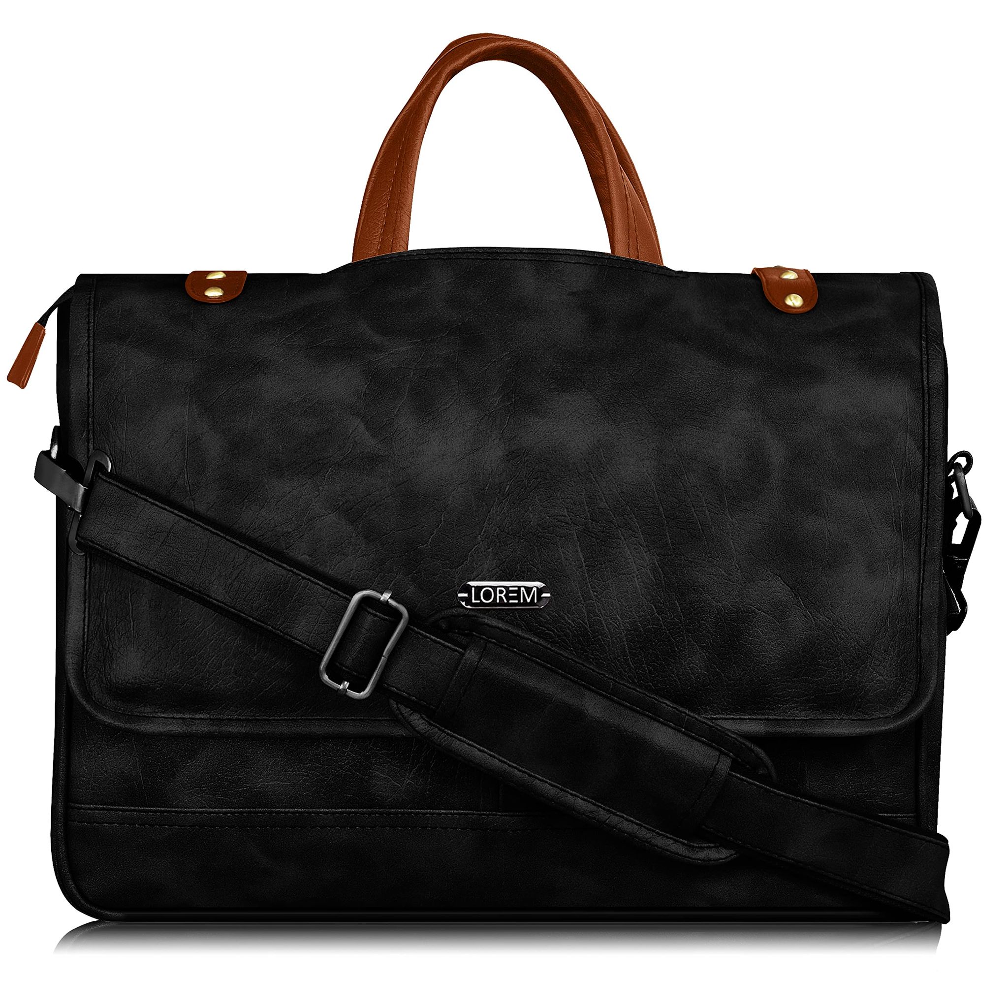 LOREM Black & Tan Color Faux Leather 10L Laptop Messenger Bag For Men BG48