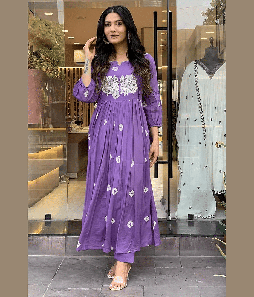 Lee Moda Rayon Embroidered Kurti With Pants Women's Stitched Salwar Suit - Purple ( Pack of 1 )