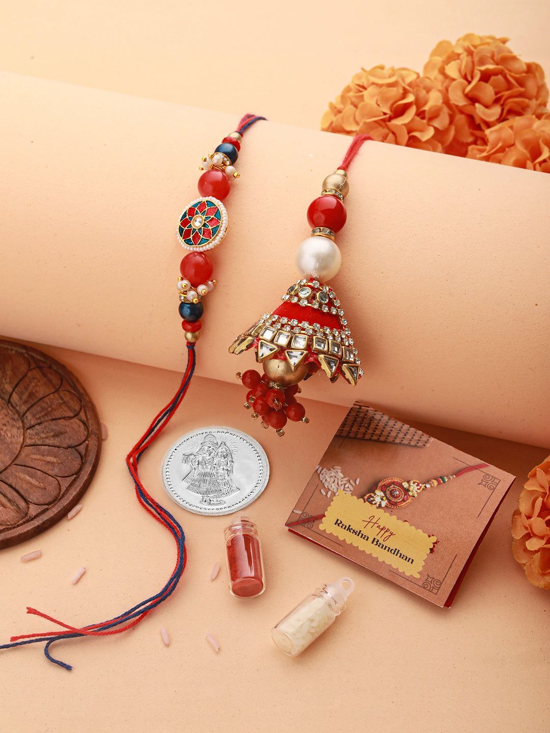 Set Of 2 Designer Kundan & pearl Lumba Rakhi with 10 gram Radhe Krishna round 999 Round Silver Coin