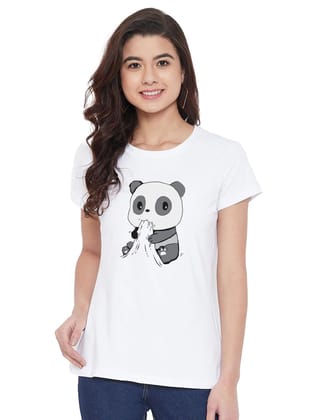 Women's Cotton Blend Panda Bites Printed T-Shirt XL (White)