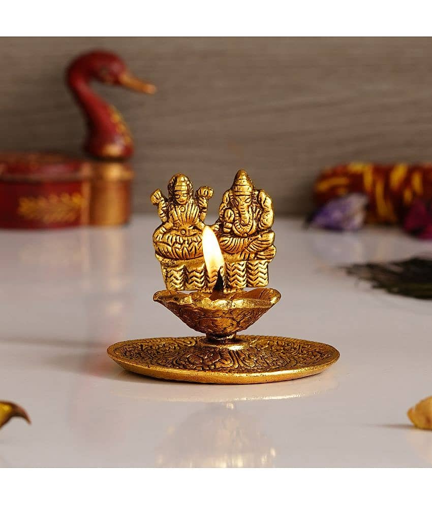 eCraftIndia Handcrafted Goddess Laxmi & Lord Ganesha Golden Metal Diya Showpiece