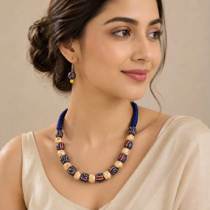 Handmade Fabric Necklace and Earring Set Blue Casual Lightweight