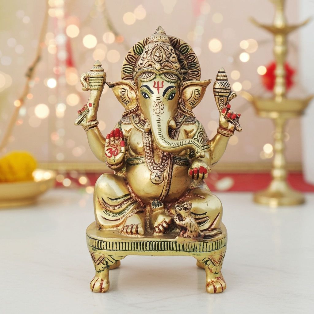Brass Ganesh Chowki Showpiece - Divine God Idol Stand, Length : 5 Inch (BSMAS1285 G)