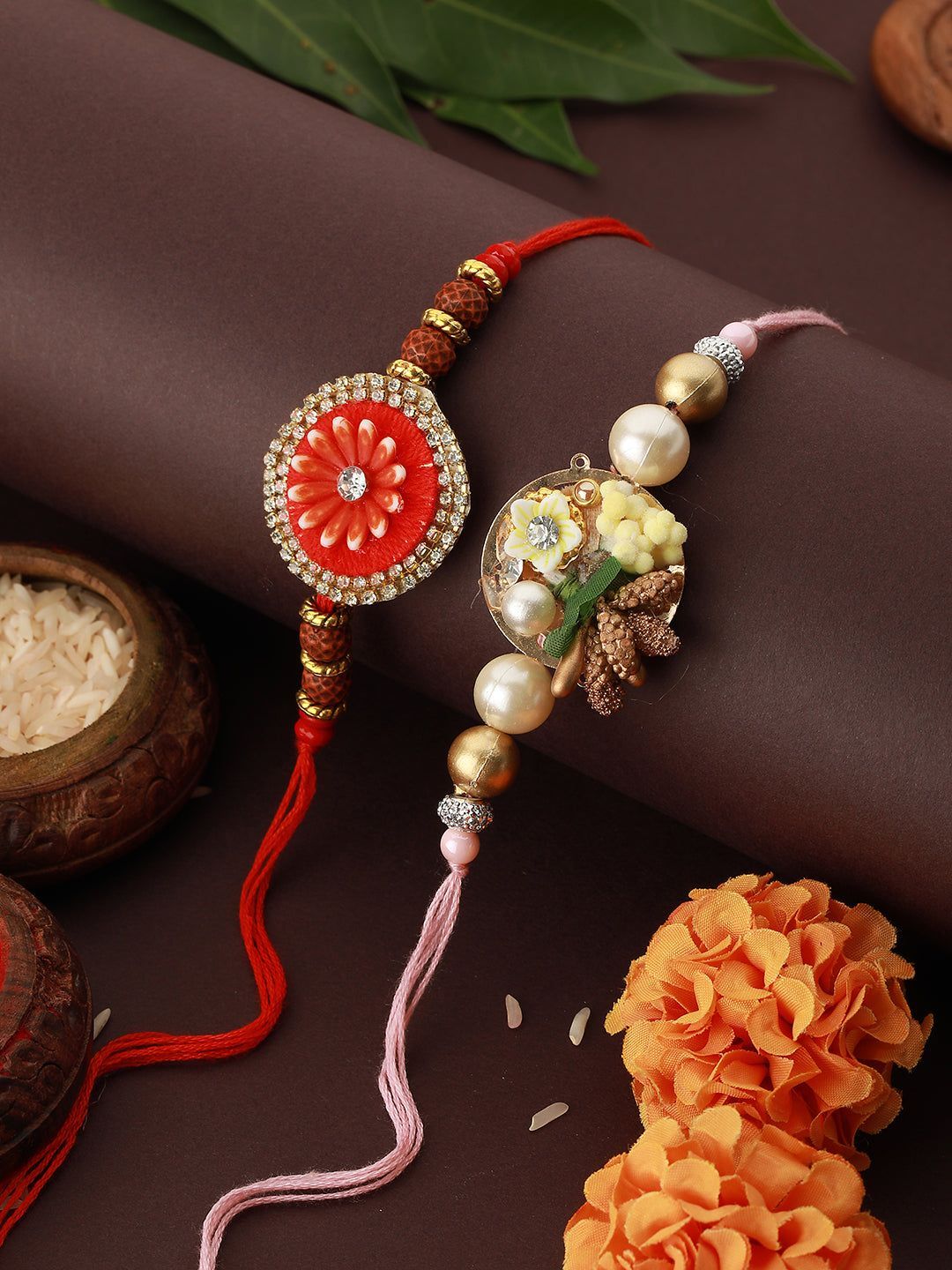Set Of 2 Kundan & Pearl Beaded Statement  Rakhi with Roli Chawal