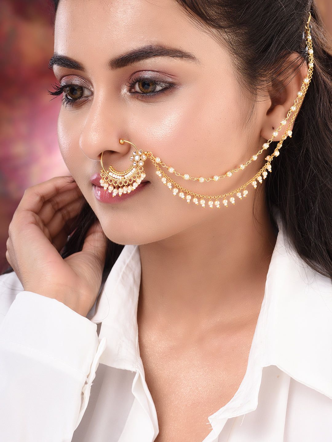 Gold Toned White Pearl Beaded Designer Nath Nose Ring Chain