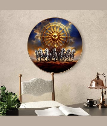 Livin'luxe paintings Surya dev with 7 Running horses Wall Painting with Frame - Sparkle Glossy Round Golden Framed Large Painting for Office