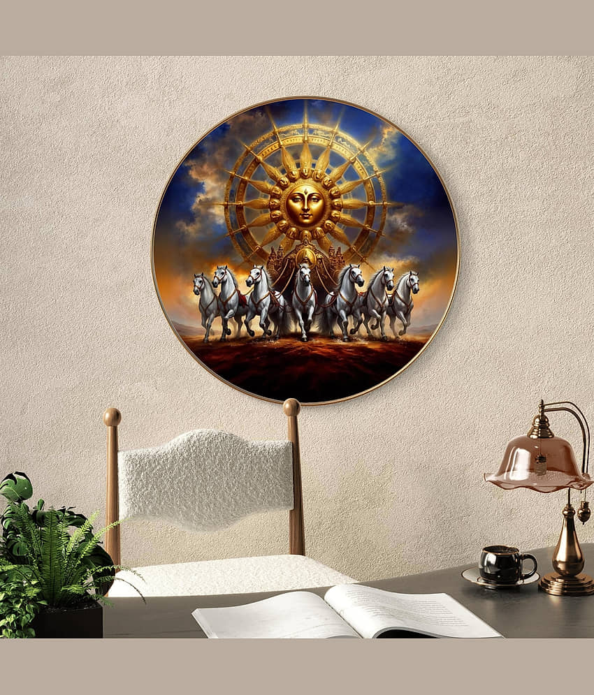 Livin'luxe paintings Surya dev with 7 Running horses Wall Painting with Frame - Sparkle Glossy Round Golden Framed Large Painting for Office