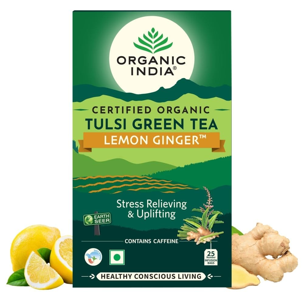 A TATA Product - Organic India Tulsi Green Tea Lemon Ginger - 25 Tea Bags, Herbal Blend with Green Tea, Tulsi, Lemon & Ginger, Supports Digestion, Refreshing Taste, Natural Ingredients Certified Organic