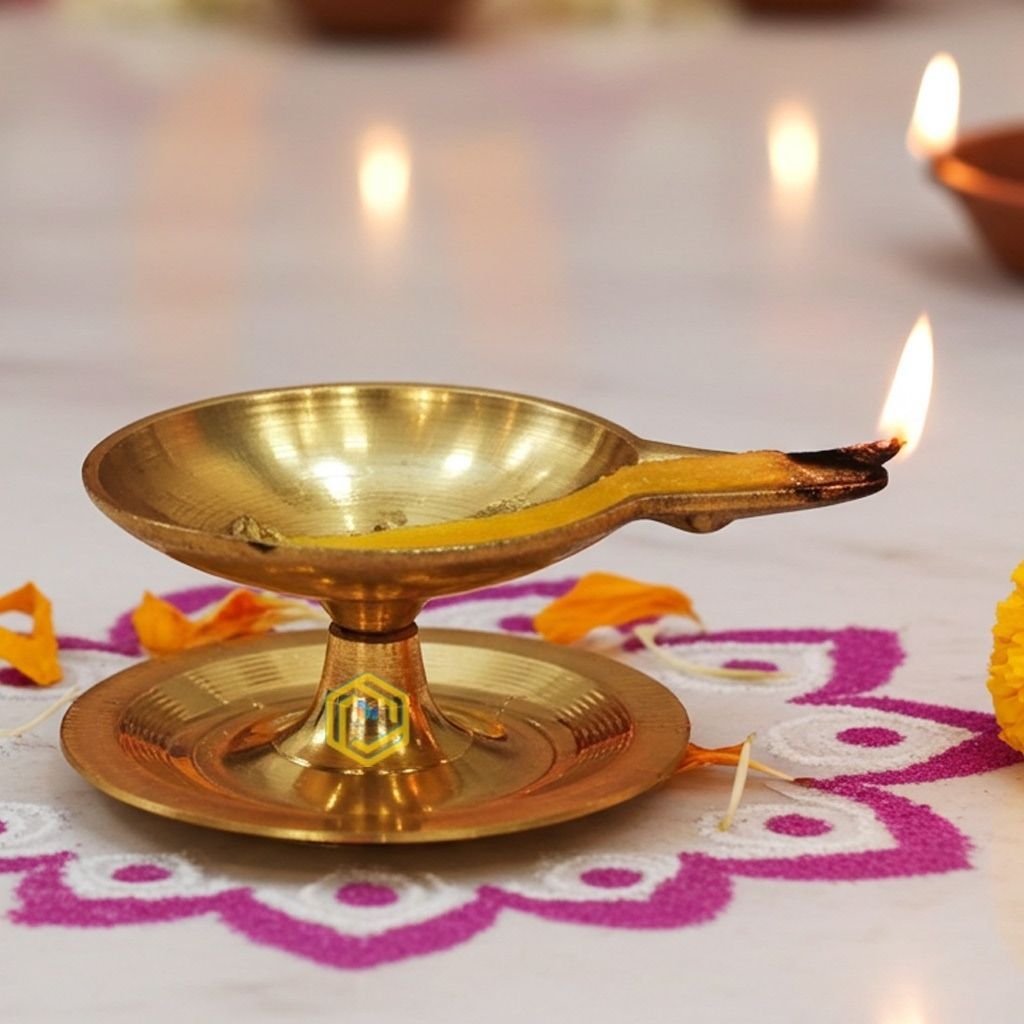 Brass Pandeep Plate Deepak, Oil Lamp No. 2  - Grand Design Diya for Temple Use, Height : 1.1 Inch (ZMAS146 C)