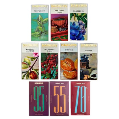 DARKINS Dark Chocolate 65% Coffee | 70% Almonds | 63% Orange | 70% Blueberries | 63% Peppermint | 70% Cranberry | 63% Banarasi Paan Chocolates Bar 50 GM Each | 95% 55% 70% Dark Chocolate 65 GM Pack of 10 DARKINS Dark Chocolate 65% Coffee | 70% Almonds | 63% Orange | 70% Blueberries | 63% Peppermint | 70% Cranberry | 63% Banarasi Paan Chocolates Bar 50 GM Each | 95% 55% 70% Dark Chocolate 65 GM Pack of 10