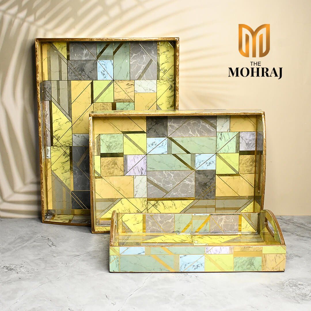 The Mohraj Modern MDF Trays with Curved Handles and Gold Foil Finish Set of 3