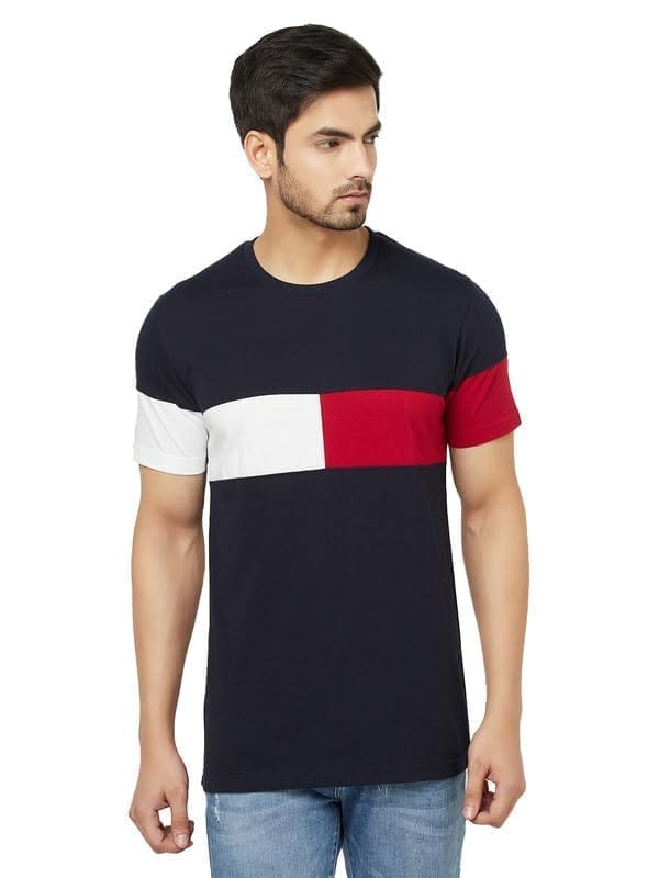 Men's Casual Colorblock Cotton Blend Round Neck T-Shirt (Multicolor, M)-PID47805