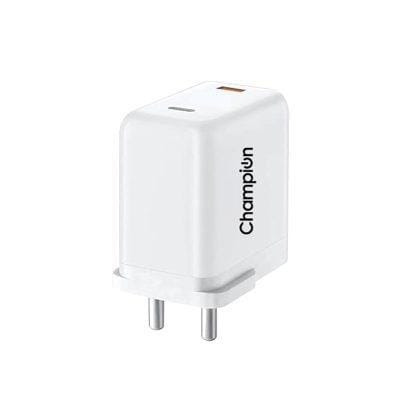 Champion 25W PD Wall Charger/Adapter with Dual Output (USB + Type C) Supports PPS/Warp/Dash/SuperVooc Charging Via USB Port & PD Charge for iPhone & Android Devices (White) Champion 25W PD Wall Charger/Adapter with Dual Output (USB + Type C) Supports PPS/Warp/Dash/SuperVooc Charging Via USB Port & PD Charge for iPhone & Android Devices (White)