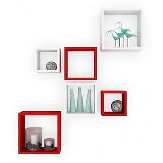 Onlinecraft Wooden Wall Decor Wooden Wall Shelf (Number Of Shelves - 6, Red, White, Multicolor)