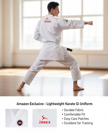Jonex JJ Karate Uniform for Kids & Adults Lightweight Student Pants and Jackets for Martial Arts Uniform With Free Belt | Students Karate Uniform Sets | Size - 24 | White |