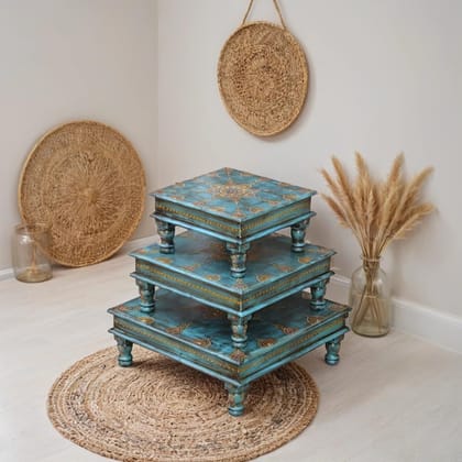 PREET GALLERY Handcrafted Wooden 3-Tier Chowki Set | Hand-Painted Blue Floral Design | Decorative Temple Pooja Stand & Home Decor Display Tables