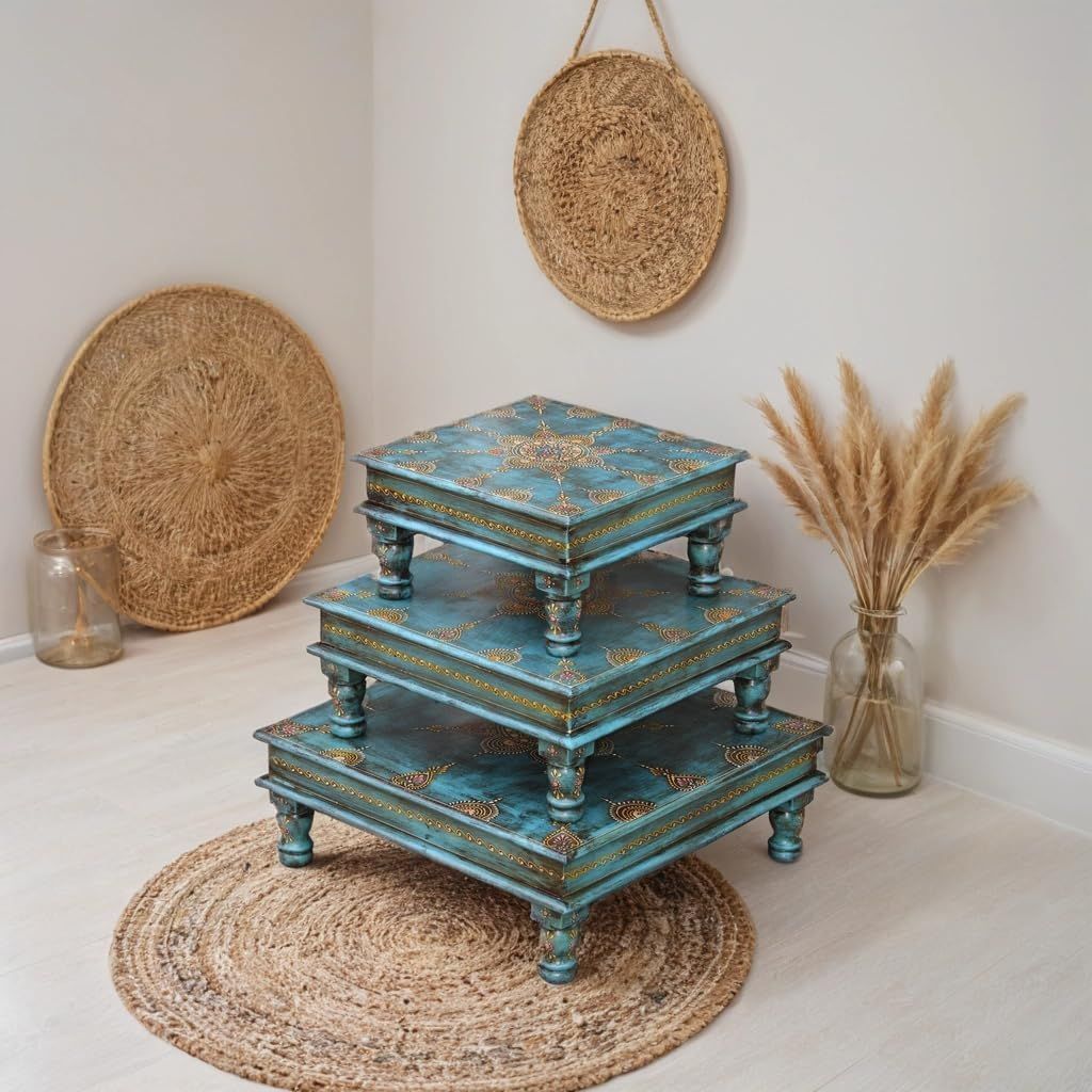 PREET GALLERY Handcrafted Wooden 3-Tier Chowki Set | Hand-Painted Blue Floral Design | Decorative Temple Pooja Stand & Home Decor Display Tables